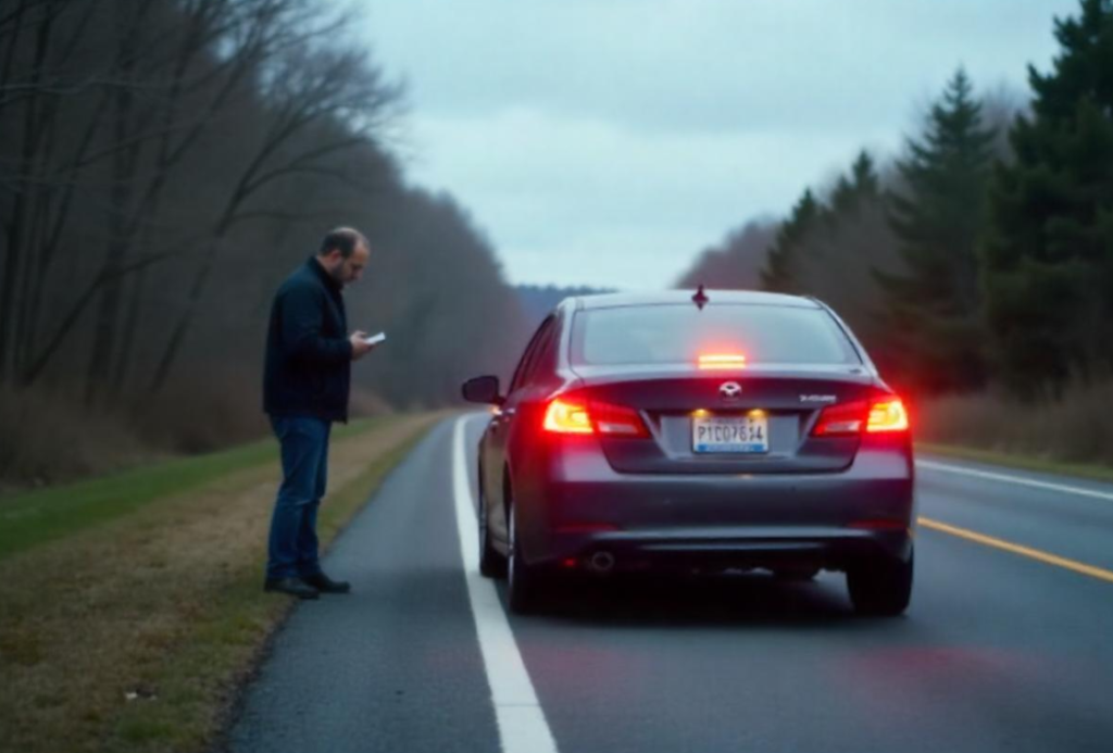 A person is standing on a road and turns on his hazard lights because breaks down.