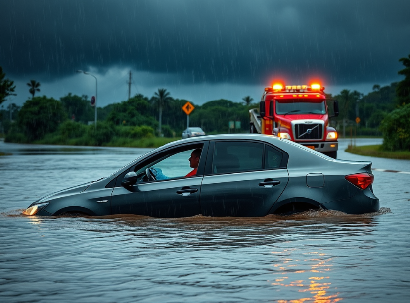 a car breaks down during a storm.