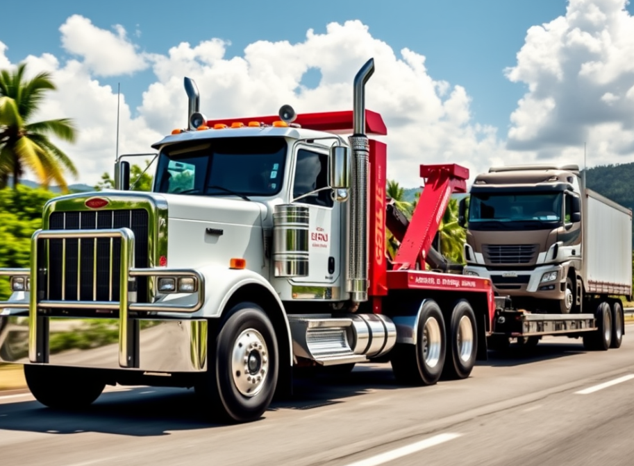 A professional heavy-duty tow truck in Cairns pulling a large truck on a highway, with a clear sky and tropical background showcasing the region.