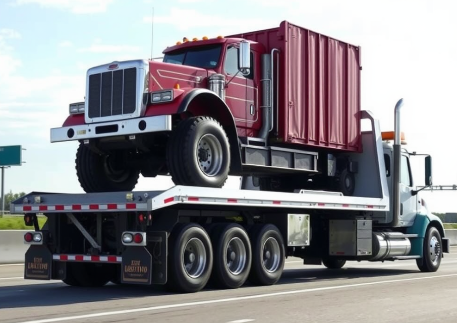 A large flatbed tow truck carrying a heavy-duty vehicle, ensuring secure transportation without further damage.