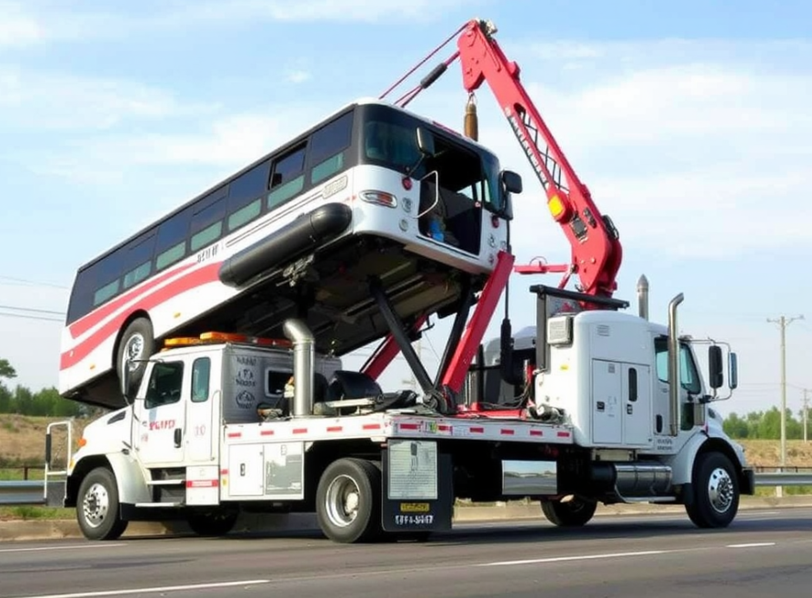 A powerful rotator tow truck lifting an overturned bus or truck, demonstrating its 360-degree recovery capabilities.