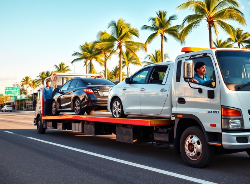 A professional tow truck operator assisting a driver in Townsville during a legal vehicle towing procedure.