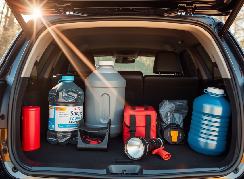 Drinking water and flashlight packed in car trunk for emergencies
