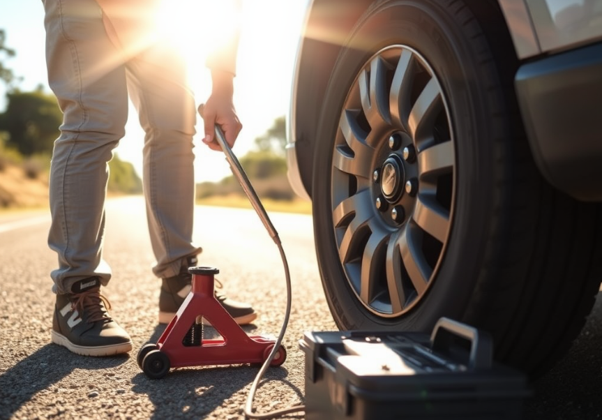 Changing a flat tire with jack and wrench on a roadside near Townsville.