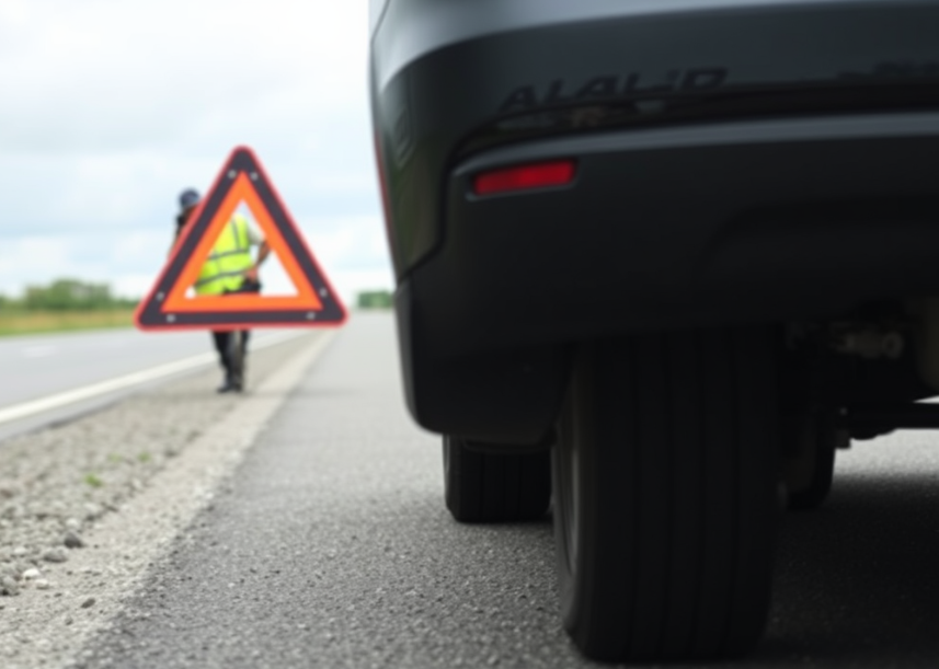 Warning triangle and safety vest used during roadside emergency.