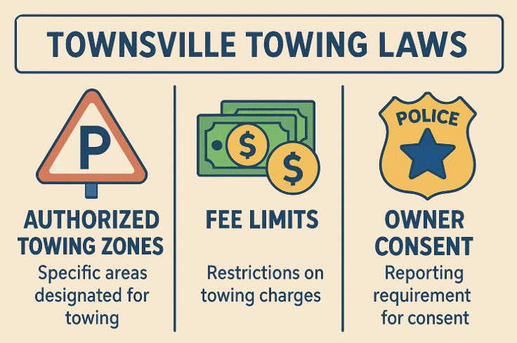 Infographic illustrating Townsville towing laws, including towing zones, fees, and owner consent requirements.