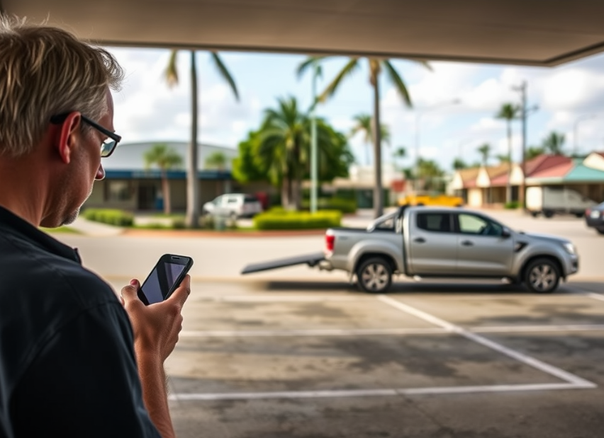 Townsville driver checking phone and trying to locate their towed vehicle after discovering an empty parking spot.