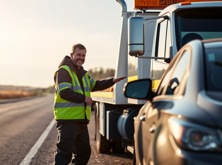 Tow truck driver assisting a happy car owner on the roadside in broad daylight.