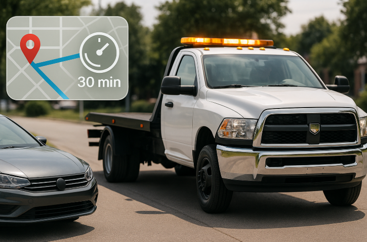 Tow truck arriving quickly with GPS guidance and fast response time indicator.