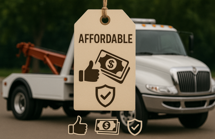 Concept art showing affordability of towing services with symbols for insurance and value.