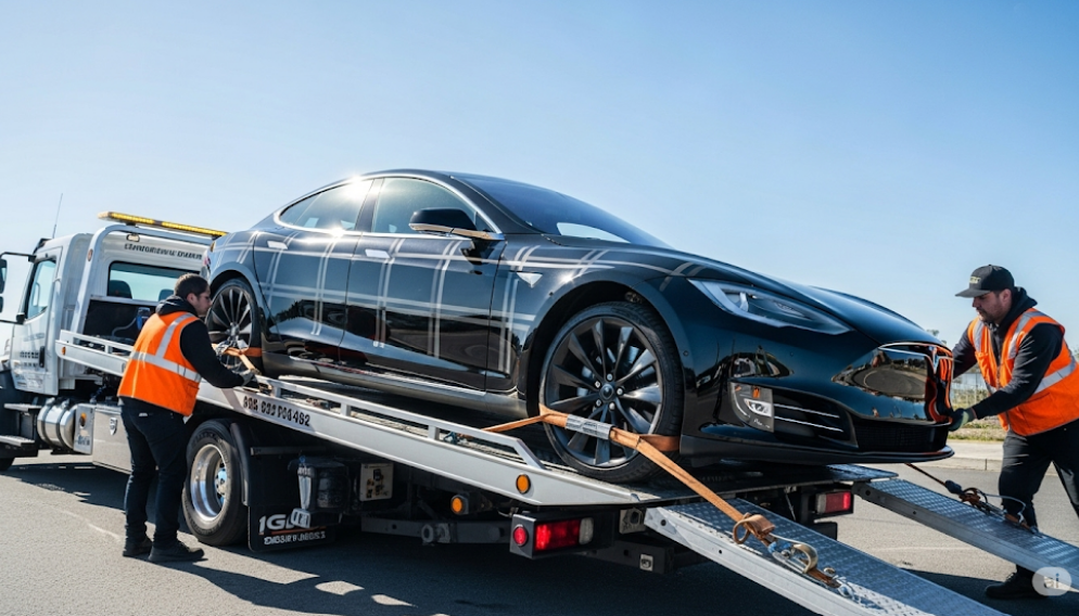 Flatbed tow truck safely transporting a high-value luxury car in daylight