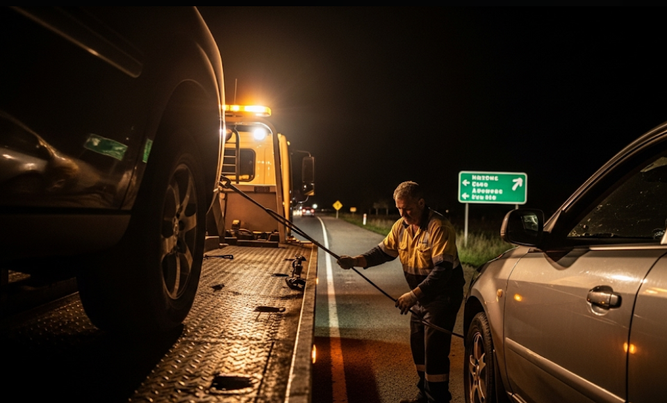 Tow truck recovering a vehicle at night on a roadside near Townsville with flashing warning lights.