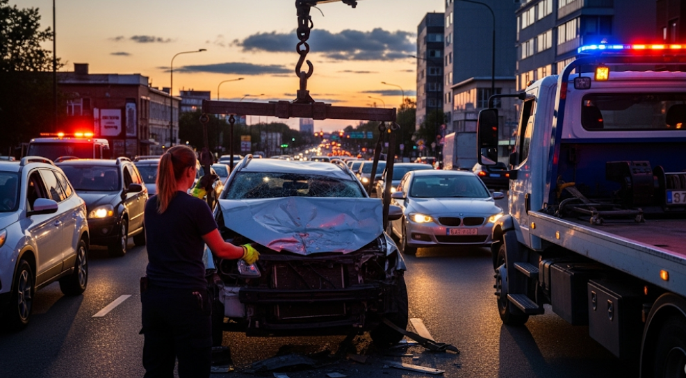 A car being towed after an accident on a city street with emergency vehicles nearby.