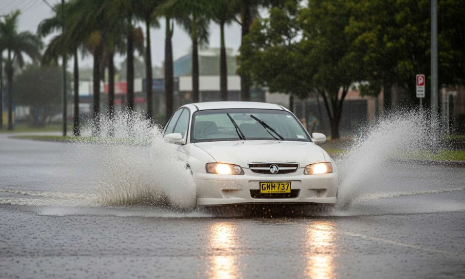Vehicle tires navigating a flooded street during Townsville’s wet season.