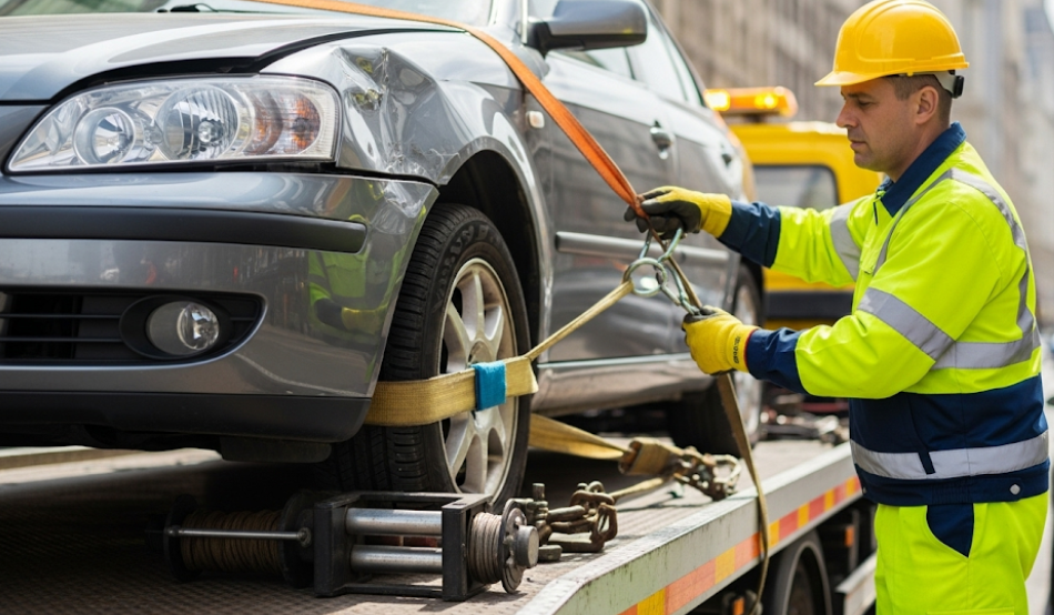 Damaged vehicle being loaded onto a flatbed tow truck by a professional accident recovery operator.