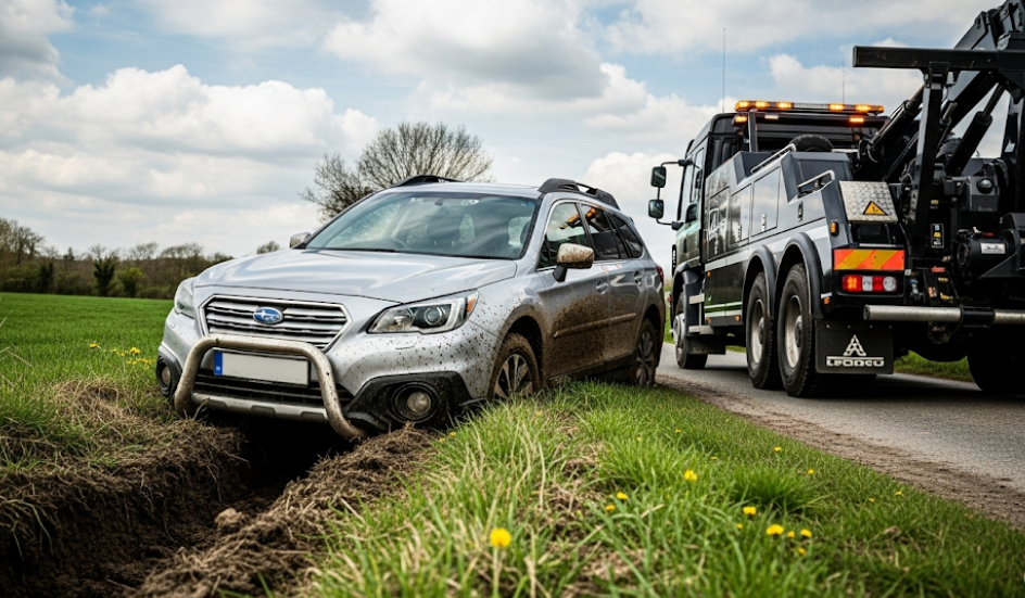 Car stuck in a ditch off-road being assisted by a recovery truck in Townsville.