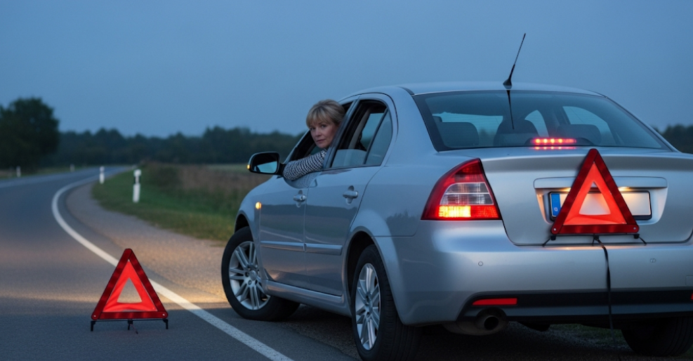 Car stranded with hazard lights on and safety triangle behind it while waiting for roadside recovery help.