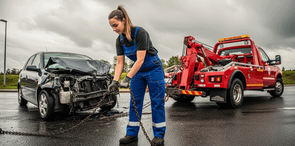 Tow truck driver hooking up a crashed car after a road accident.