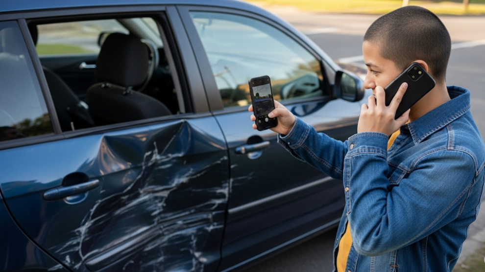 Driver taking photos of their damaged car and calling for help after an accident.