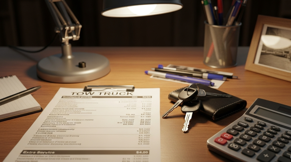 Towing cost breakdown on a printed bill beside car keys and a calculator.