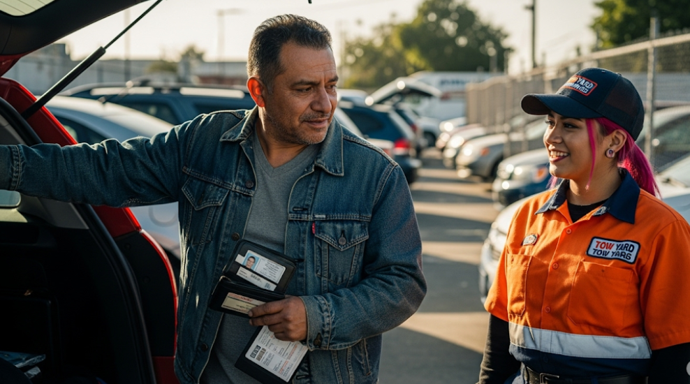 Car owner collecting belongings from a towed vehicle at the tow yard.