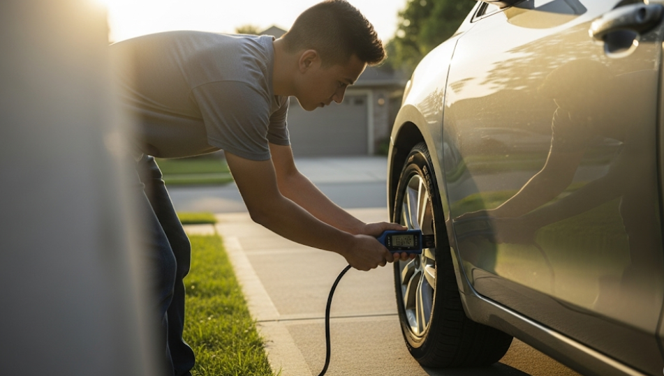 Townsville driver checking tire pressure with a digital gauge in driveway.