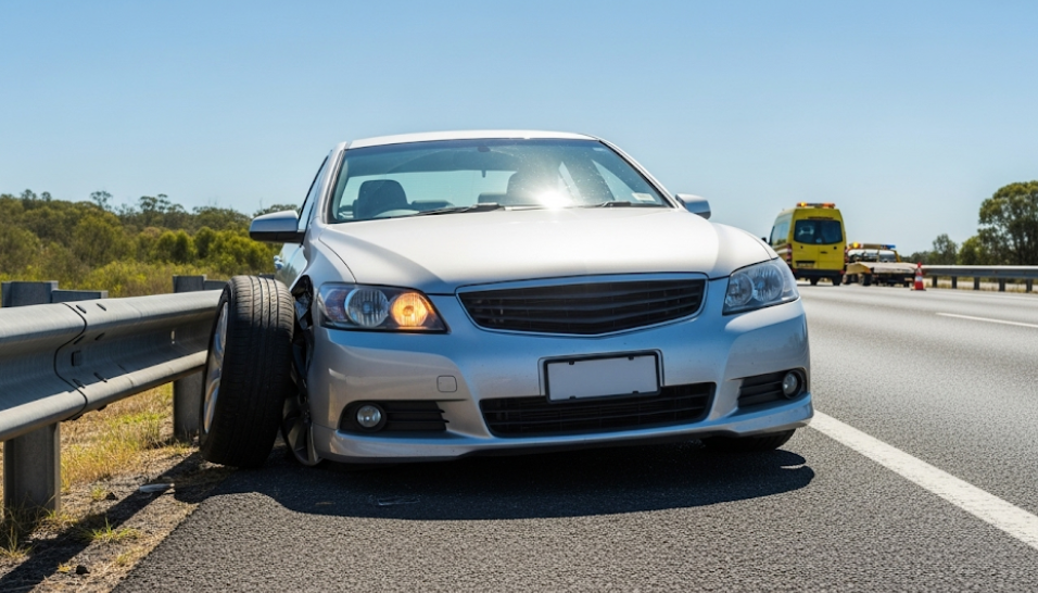 Car with blown tire on Bruce Highway in Townsville waiting for roadside help.