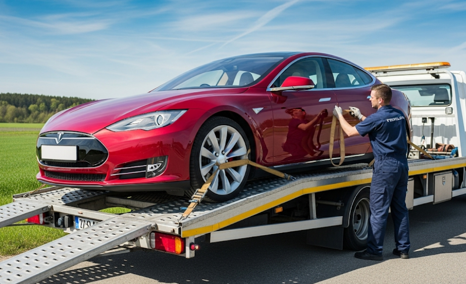Electric car being secured on a flatbed tow truck for safe transport