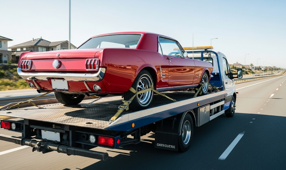 Vintage collector’s car transported by flatbed tow truck without road contact.