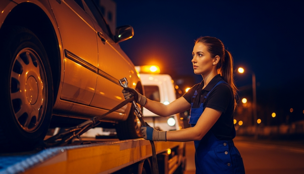 Flatbed towing service handling a vehicle breakdown during nighttime