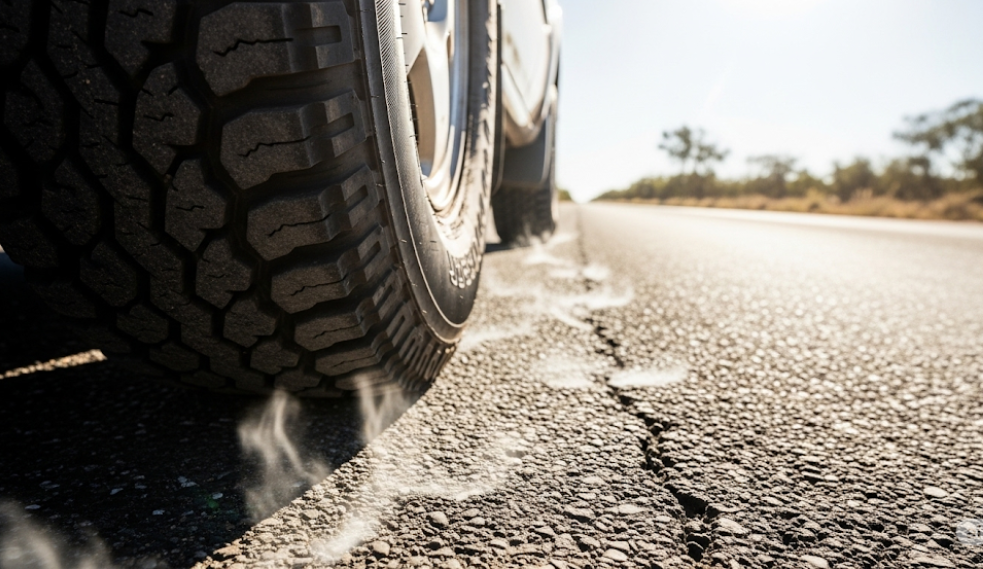 Tire on a scorching Townsville road showing effects of extreme heat on rubber.