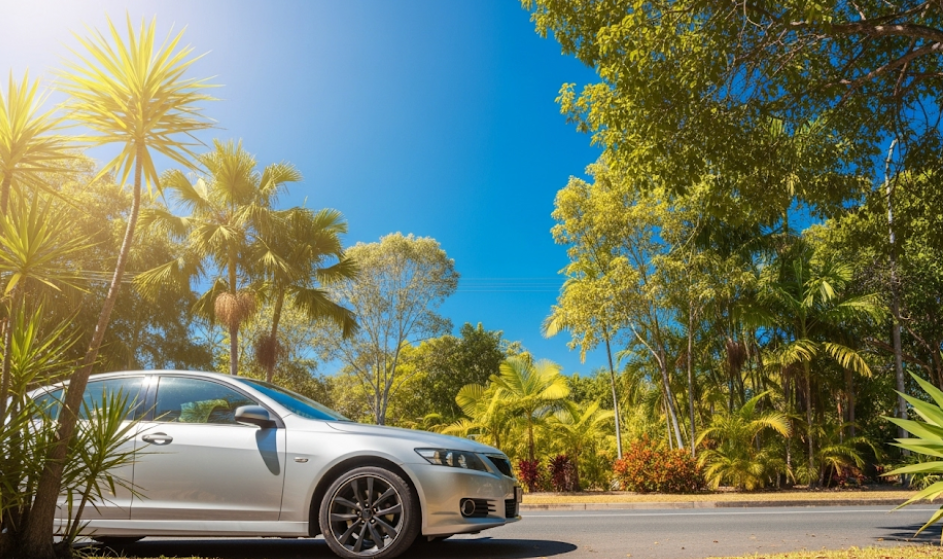 Car parked under Townsville’s summer sun with tires exposed to heat and tropical surroundings.