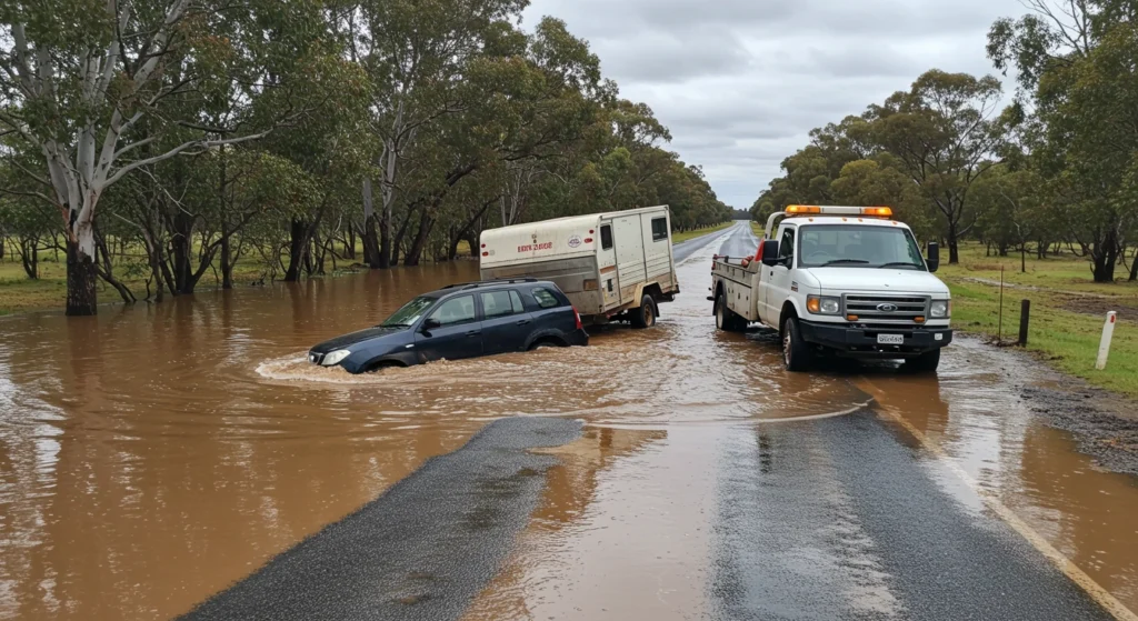 Tow truck assisting a stranded vehicle and trailer on a flooded road in Townsville.