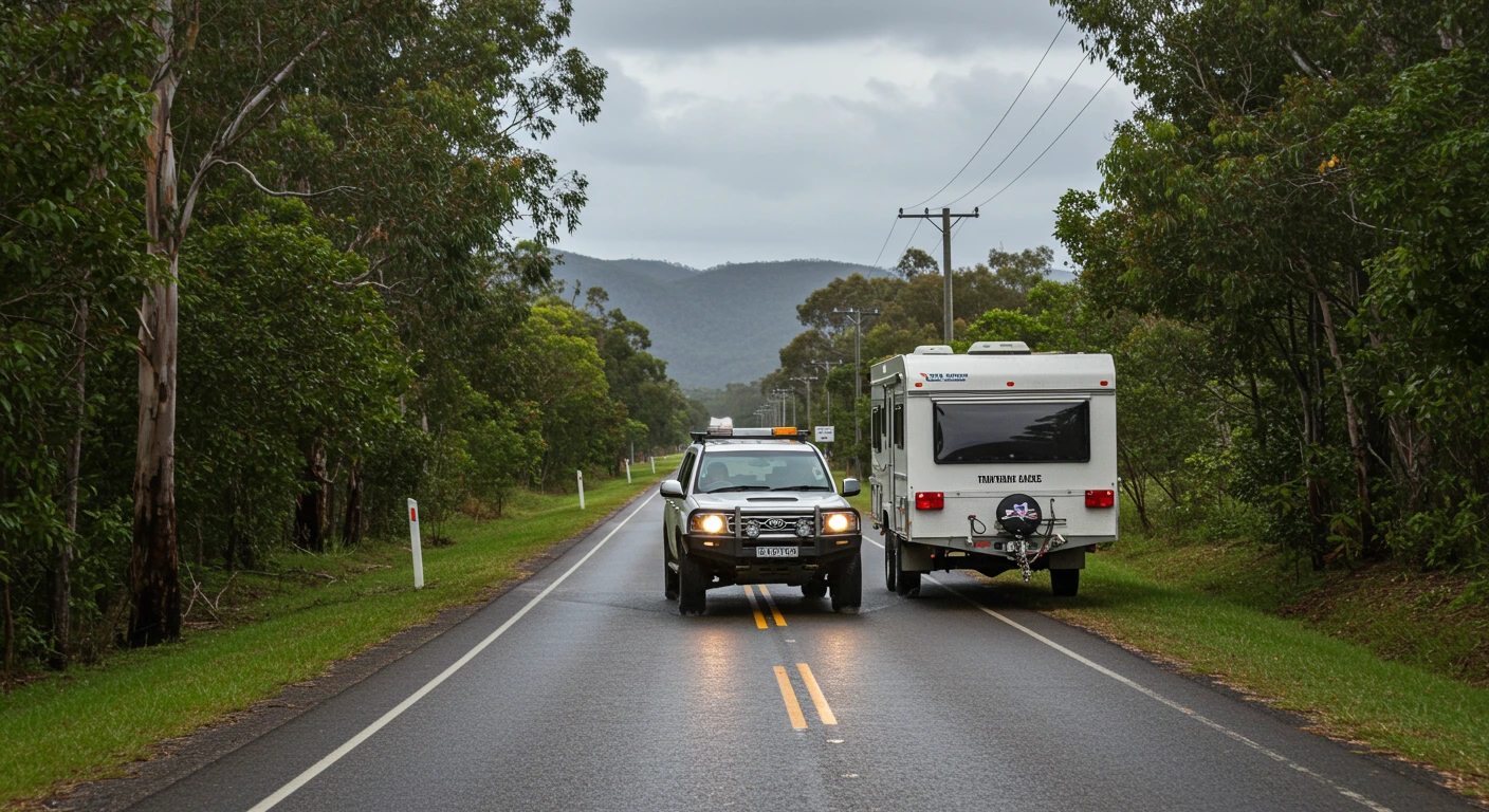 Vehicle towing a caravan on a flooded Townsville road during the wet season.