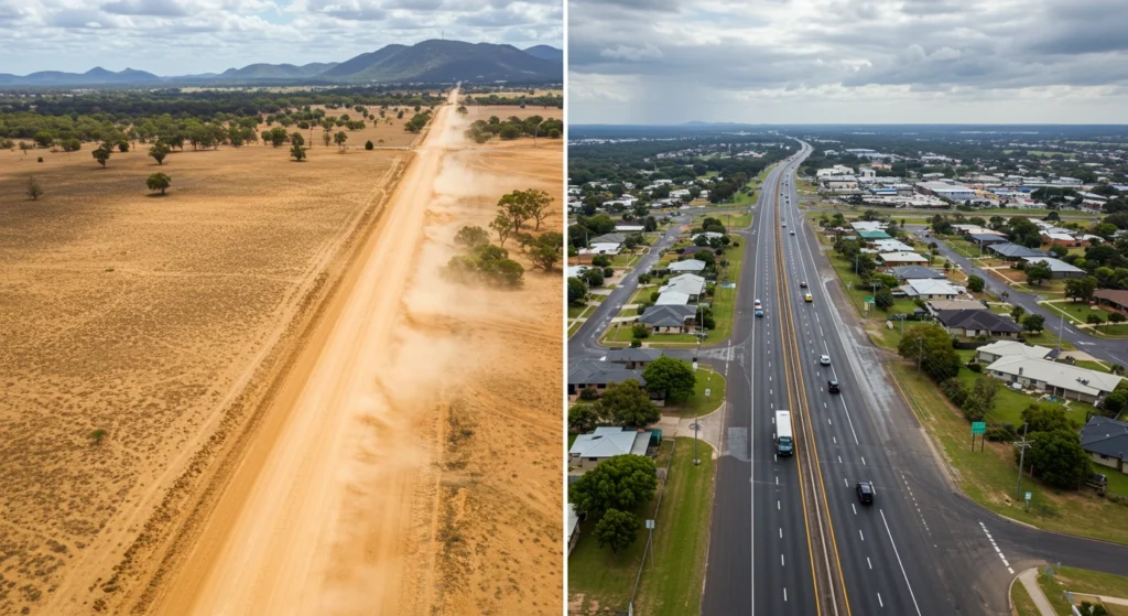 Different types of roads in Townsville including rural tracks and suburban streets affected by changing weather.