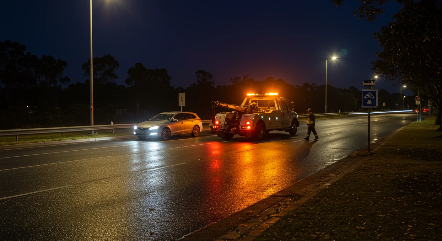 Emergency towing service in Townsville arriving at night during rain to assist a stranded vehicle on the roadside.