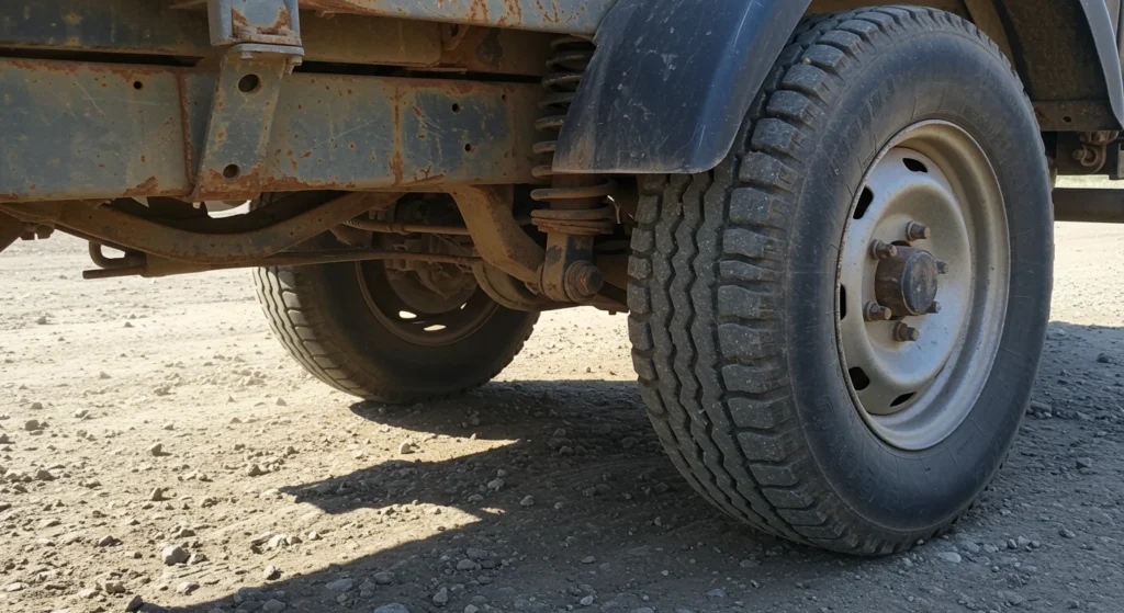 Trailer tire and suspension system facing rough gravel terrain in Townsville.