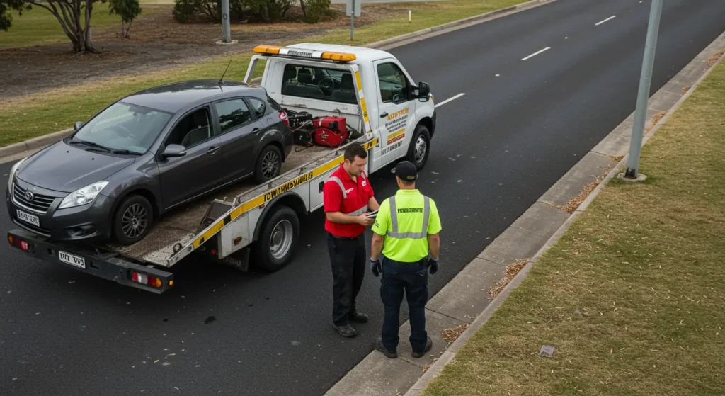 Tow truck loading a broken-down car in Townsville, showing typical towing cost without roadside assistance.
