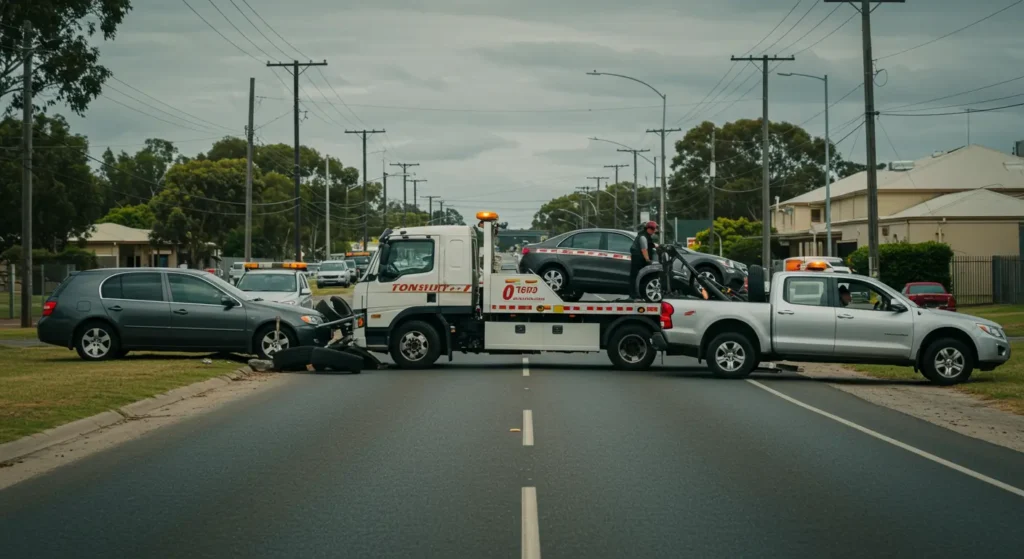Tow truck loading a car in Townsville roadside scene