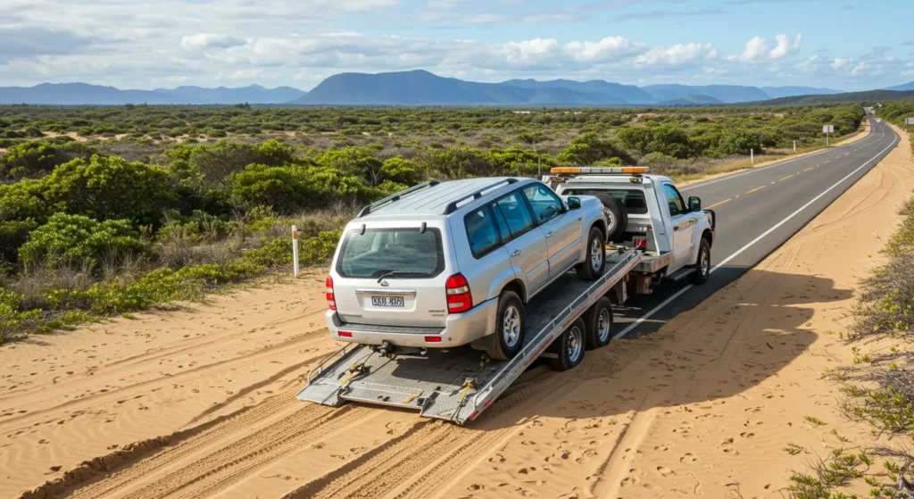 4WD towing in Townsville with a flatbed truck carrying a silver SUV on a remote outback road.